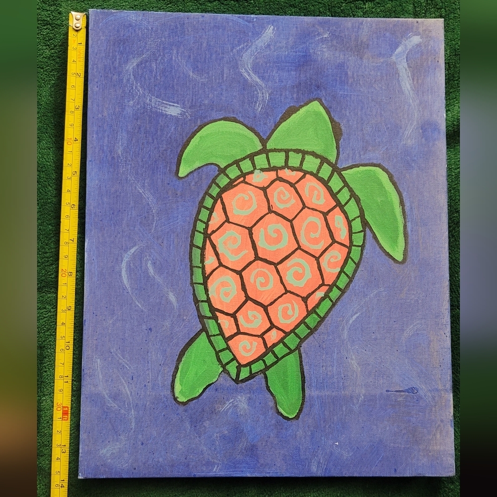 Hand-Painted Turtle Canvas Art - Green & Coral on Blue